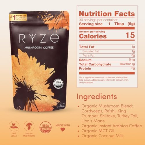RYZE SUPERFOODS Mushroom Coffee for Better Energy & Focus with Lions Mane & Turkey Tail, USA Grown, 30 Servings USDA Org