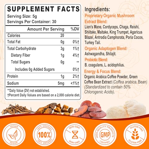 Mushroom Coffee Organic for Energy, Focus, Memory - Superfood Mushrooms Included - 5.3oz
Mushroom Coffee for Immunity - 