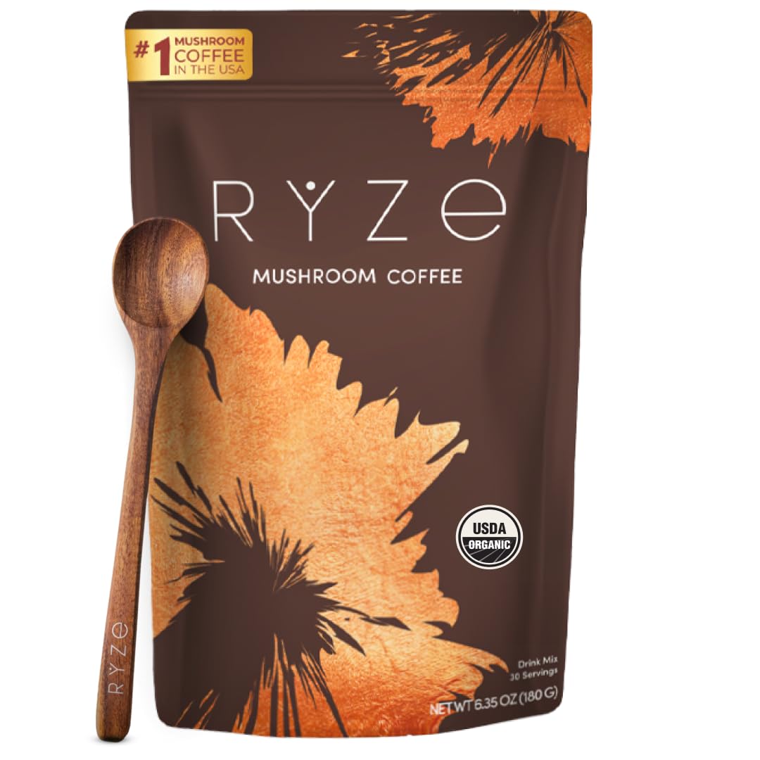 RYZE SUPERFOODS Mushroom Coffee for Better Energy & Focus with Lions Mane & Turkey Tail, USA Grown, 30 Servings USDA Org