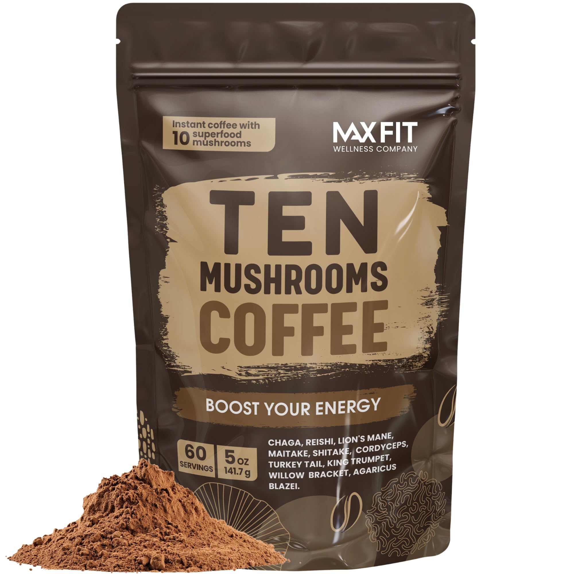  Immune Boosting Coffee with 10 Mushrooms (Lion’s Mane, Cordyceps, Turkey Tail & Other) - 60 Servings for Focus & Gut He