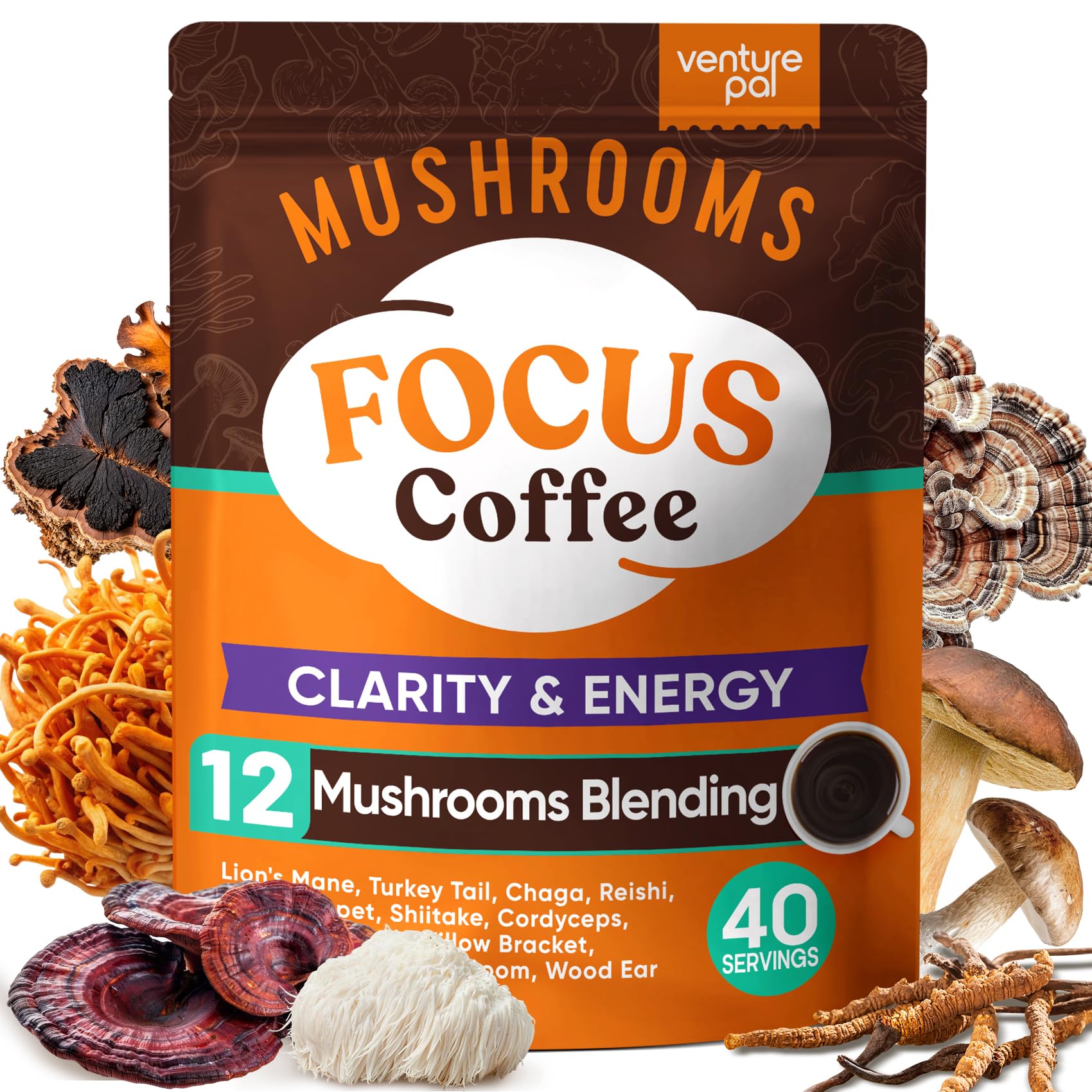  Venture Pal 12 Adaptogenic Functional Mushroom Coffee with Ashwagandha & Probiotics for Focus & Digestion - 40 Servings